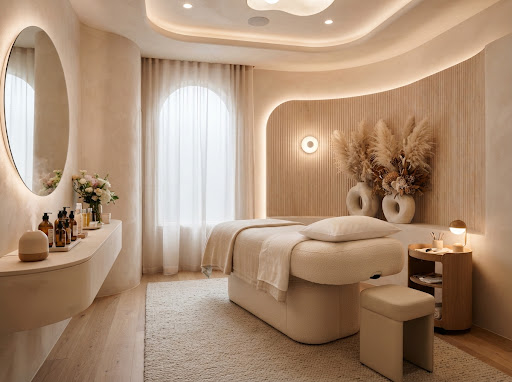 Luxurious modern beauty salon interior aesthetic in soft warm tones, elegant treatment room with aesthetician bed, minimalist organic curves, warm lighting, pastel nude and cream decor, pampas grass and gentle warm ambient lighting, architectural photography, ultra realistic high resolution