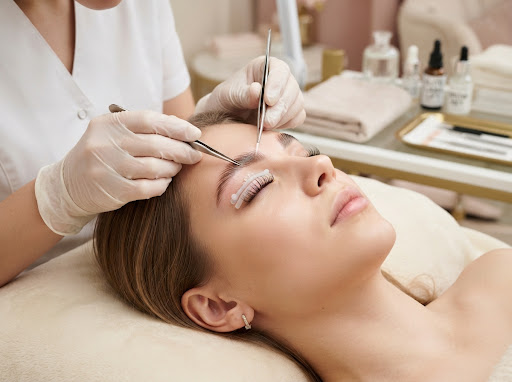 Close-up professional lash lifting and eyebrow lamination aesthetic treatment in a luxury beauty clinic, clean elegant soft rose and cream aesthetic, professional beauty care, crisp detailed photography