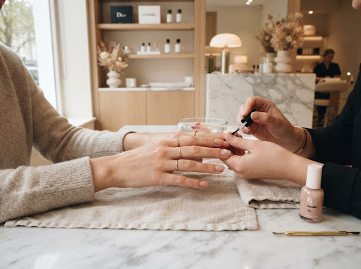 Chic minimalist nail art and manicure treatment in luxury aesthetic salon, hands resting on marble and linen, soft rose nude tones, modern clean aesthetic salon photography