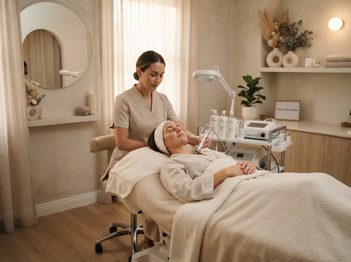 Modern skin care and body aesthetic treatment session in peaceful serene beauty clinic room, warm soft glow, neutral tones, premium aesthetic care